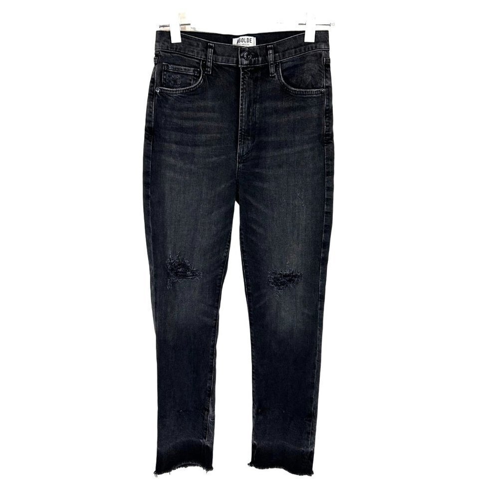 Agolde Womens Distressed High Rise Jean 29 Waist Black  Feel Good Raw Hem